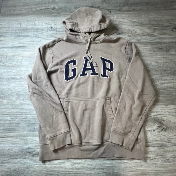 GAP Other - GAP Hoodie Mens L Tan Navy Blue Arch Logo Pullover Fleece Sweatshirt M64